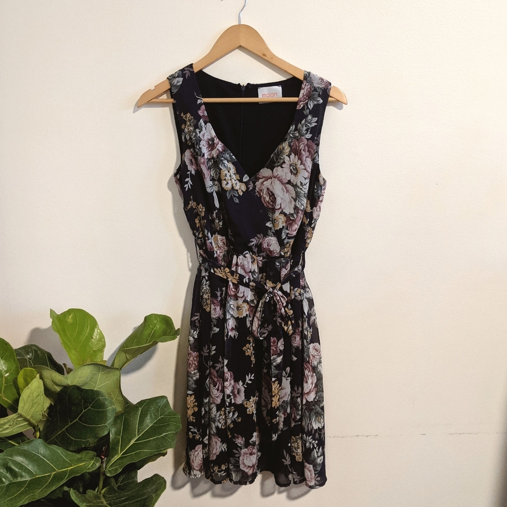 Modcloth Navy Floral Chiffon Wrap Dress